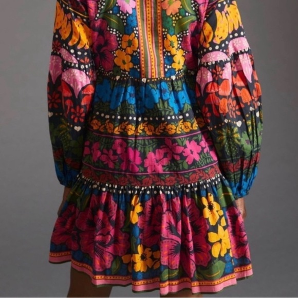 NWT FARM Rio Embellished Pink and Blue Bishop Sleeve Sundress 100% Cotton XS - Picture 2 of 16